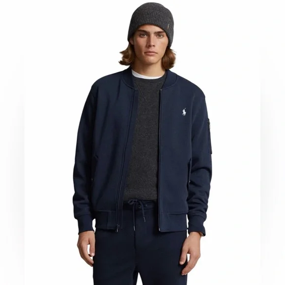 Polo Ralph Lauren men’s Medium Navy Iconic Double Knit Fleece Tech Bomber Jacket - Picture 1 of 11